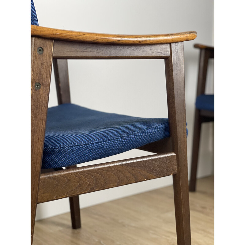 Pair of vintage Scandinavian solid wood and blue fabric armchairs, 1960