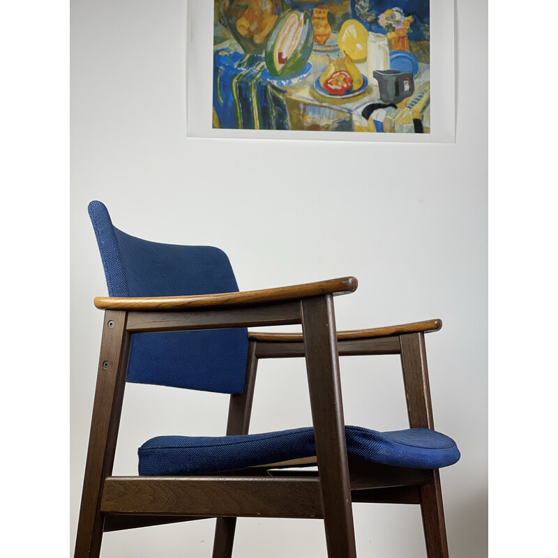Pair of vintage Scandinavian solid wood and blue fabric armchairs, 1960