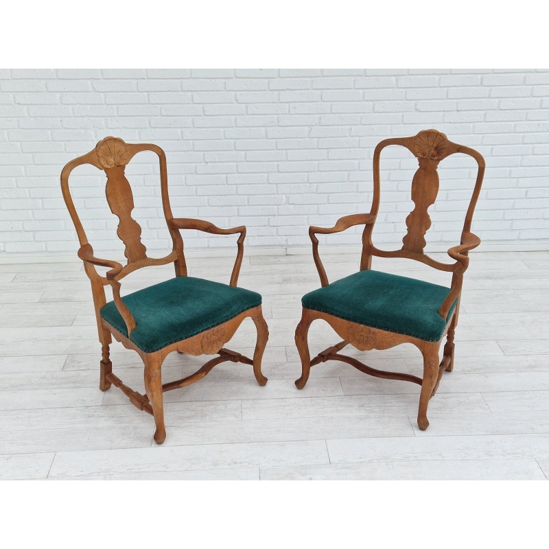 Pair of vintage Danish armchairs in oak wood and green velour, 1960s