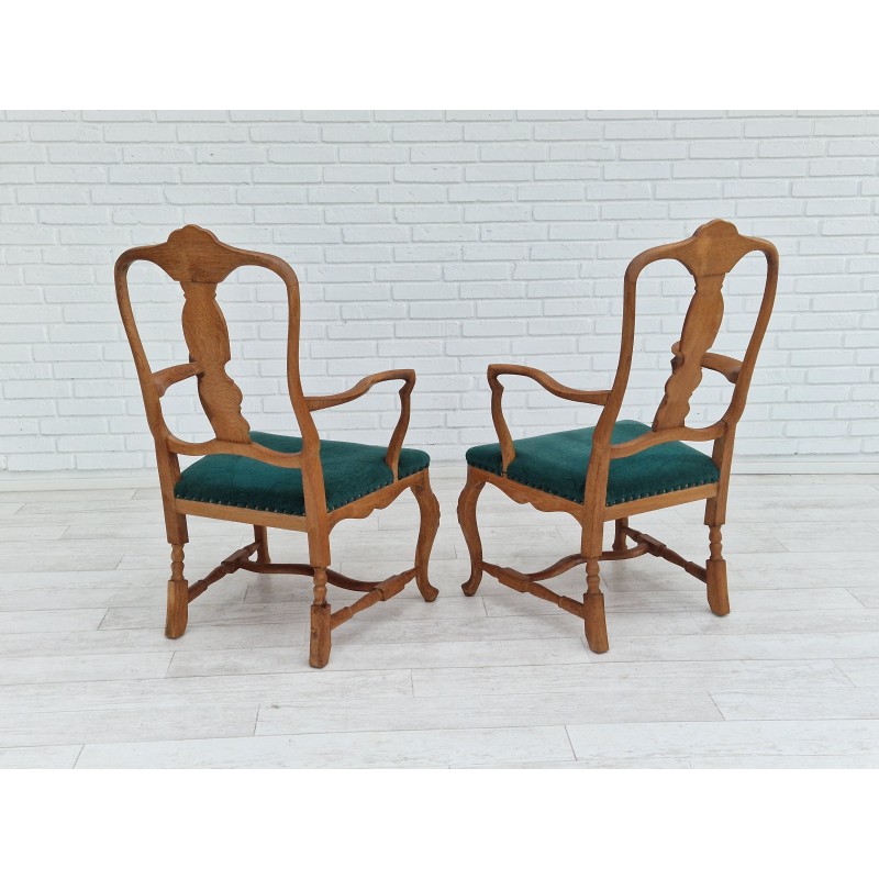 Pair of vintage Danish armchairs in oak wood and green velour, 1960s