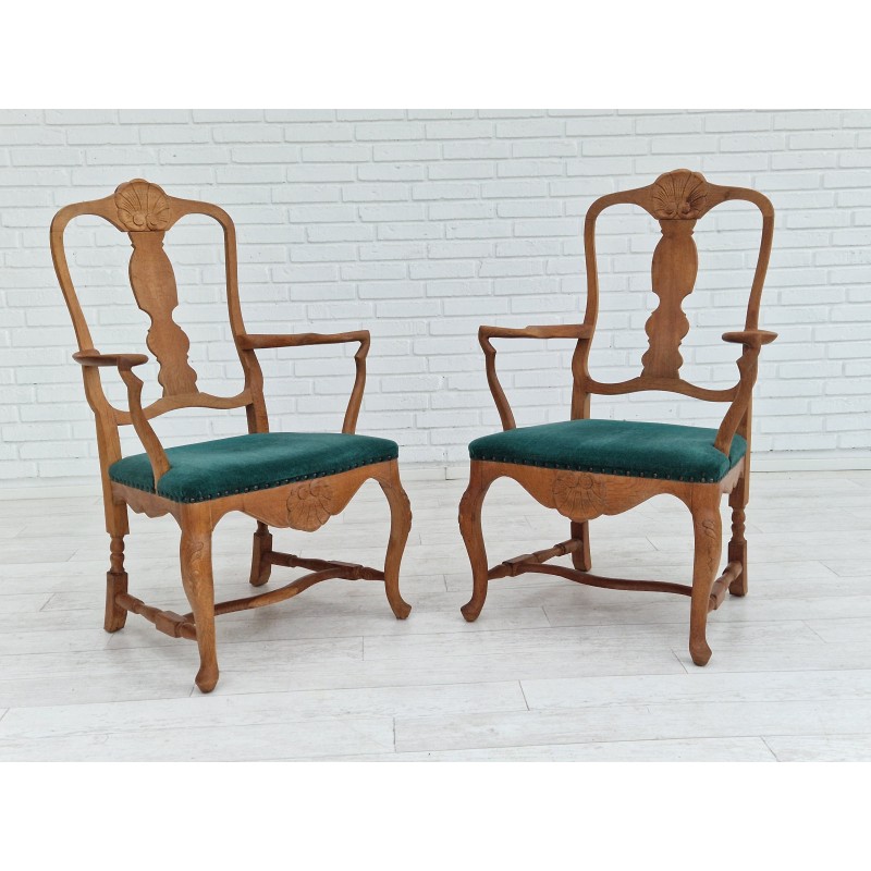 Pair of vintage Danish armchairs in oak wood and green velour, 1960s