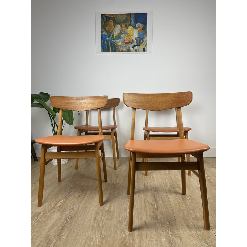 Lot de 4 chaises vintage Farstrup danoises en teck et simili cuir