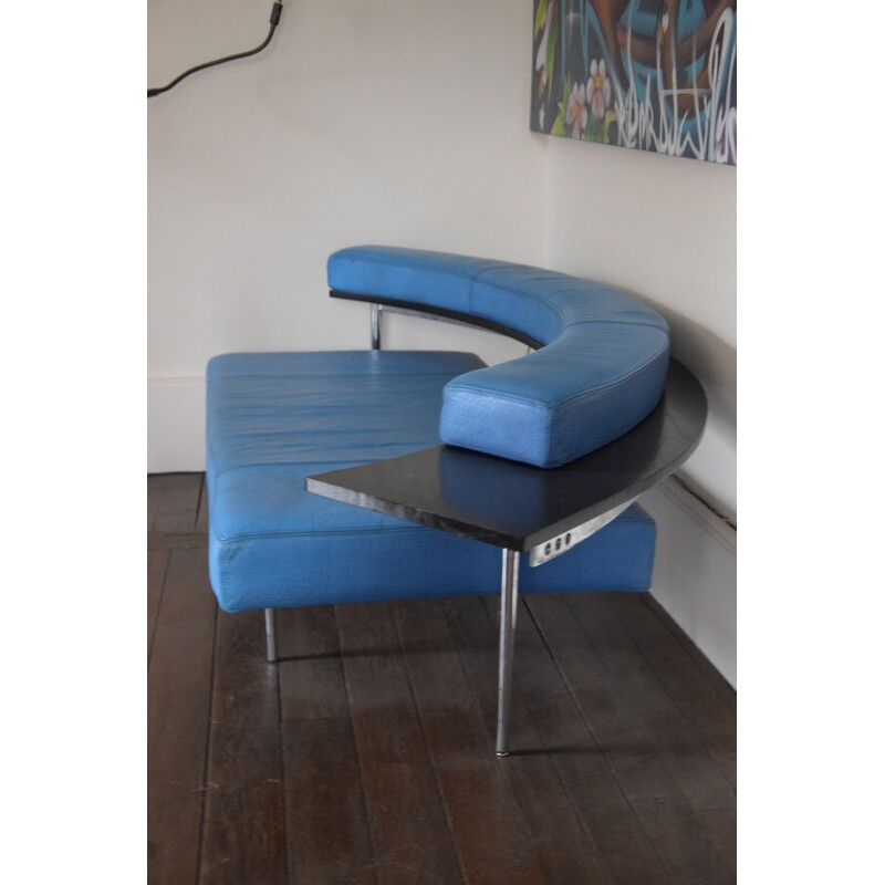 Vintage blue leather sofa, 1970-1980