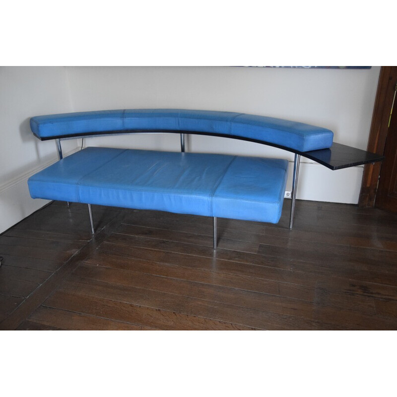 Sofá de couro azul Vintage, 1970-1980