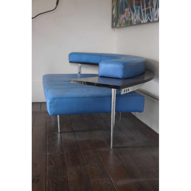 Sofá de couro azul Vintage, 1970-1980