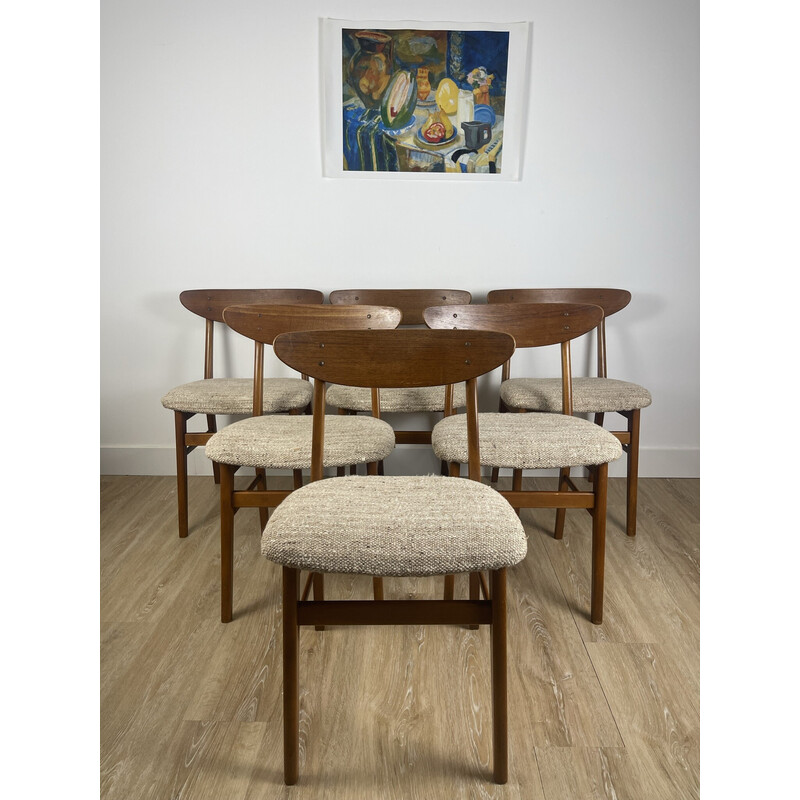 Set van 6 vintage Farstrup 210 teakhouten stoelen met beige stoffen zitting