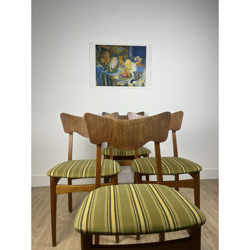 Set van 4 vintage teakhouten en stoffen Deense stoelen