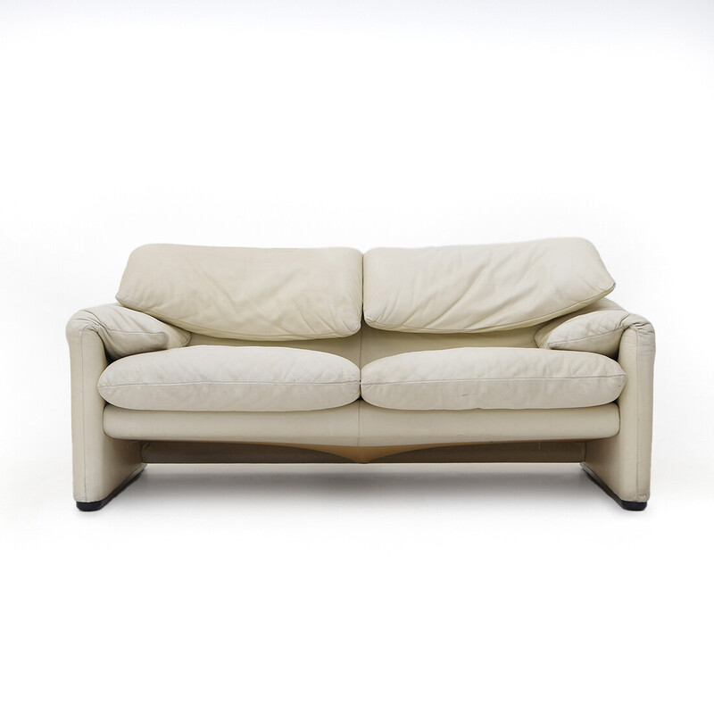 Vintage "Maralunga" sofa in white leather by Vico Magistretti for Cassina, 1970s