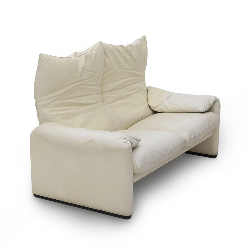 Sofá vintage "Maralunga" en piel blanca de Vico Magistretti para Cassina, años 70