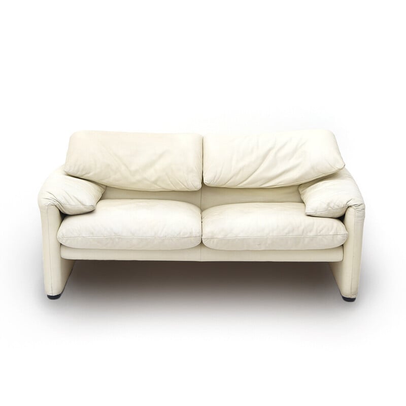 Vintage "Maralunga" sofa in white leather by Vico Magistretti for Cassina, 1970s