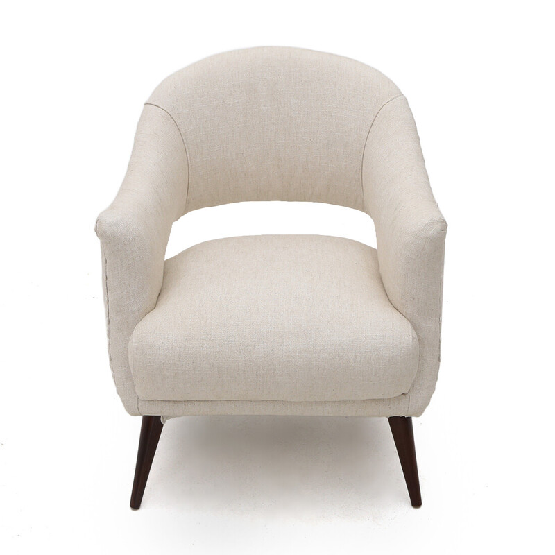 Vintage fauteuil met bekleding in gebroken witte stof, jaren 1950