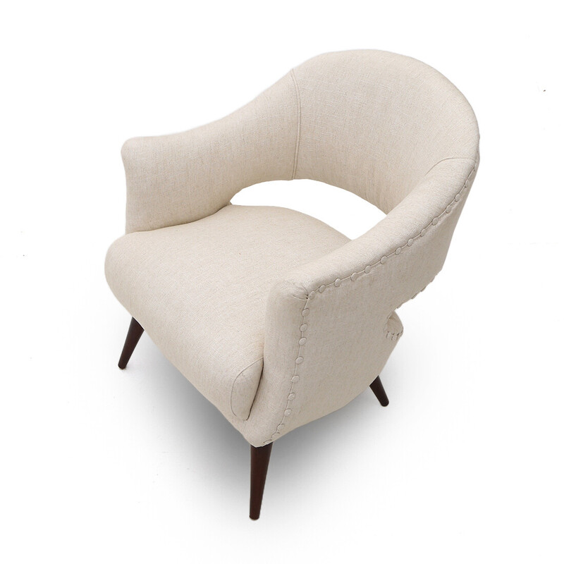 Vintage armchair with upholstered in off-white fabric, 1950s