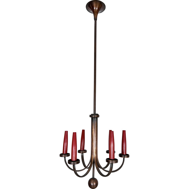 Mid-century six arms copper chandelier, Italy 1950s