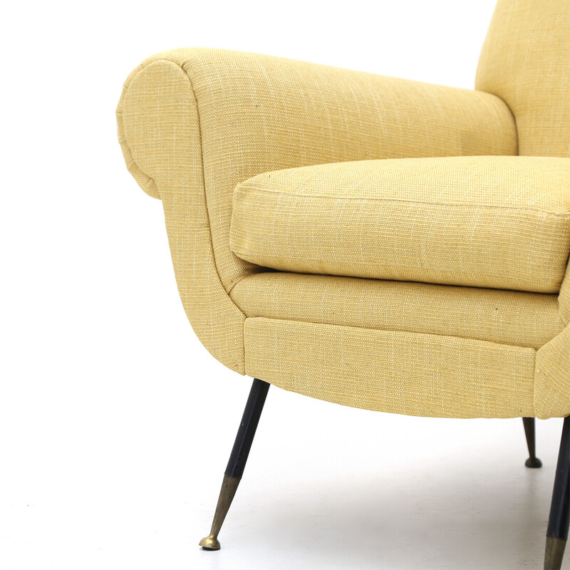 Sillón vintage tapizado en tela amarilla, años 50