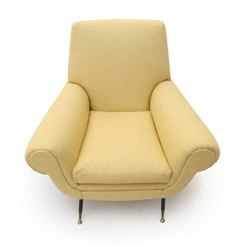 Vintage fauteuil met bekleding in gele stof, jaren 1950