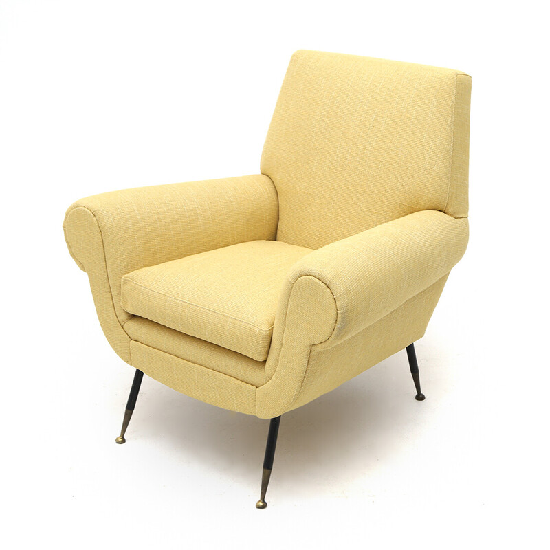 Vintage fauteuil met bekleding in gele stof, jaren 1950