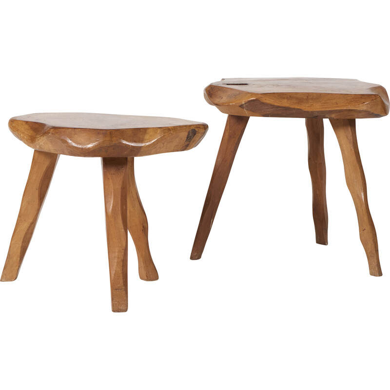 Pair of vintage Brutalist tripod stools, France 1950