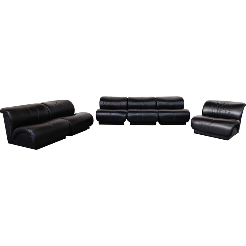 Mid-century black leather living room set by Doimo Salotti, Italy 1970s