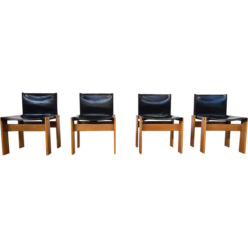 Set of 4 vintage black leather chairs model "Monk" by Afra and Tobia Scarpa for Molteni, Italy 1970s