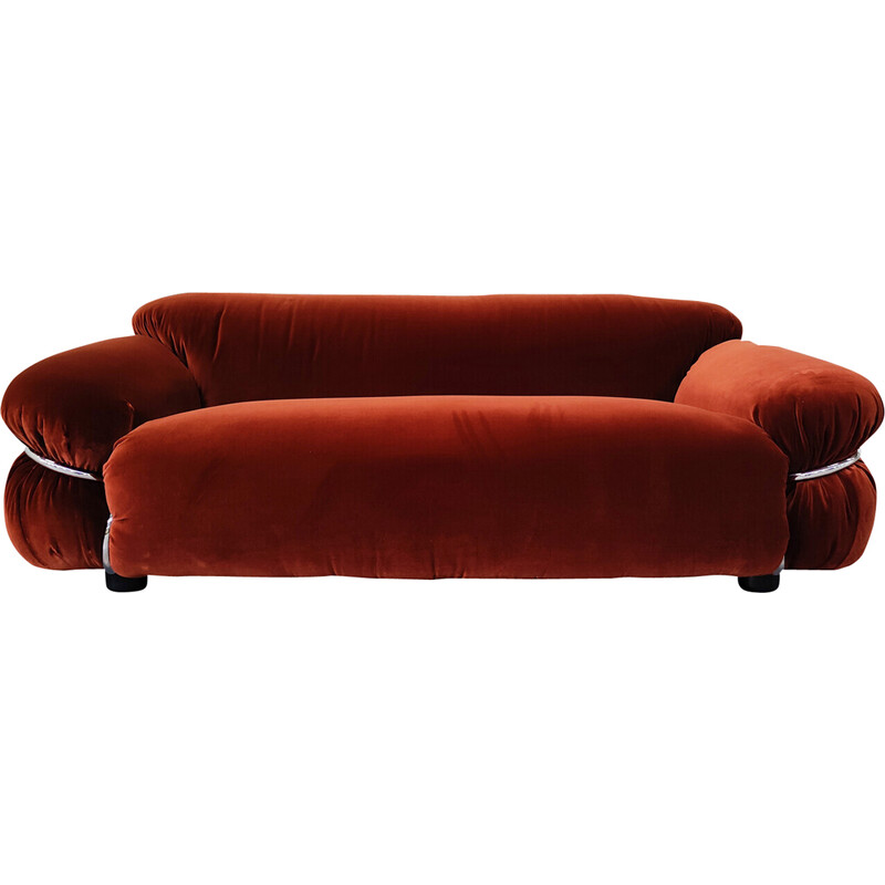 Vintage Sesann sofa in orange velvet by Gianfranco Frattini for Cassina, Italy 1970s