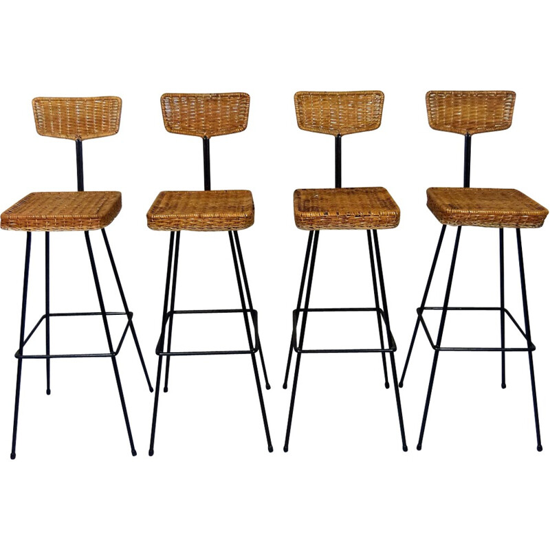 Set of 4 Rattan Bar Stools - 1950s