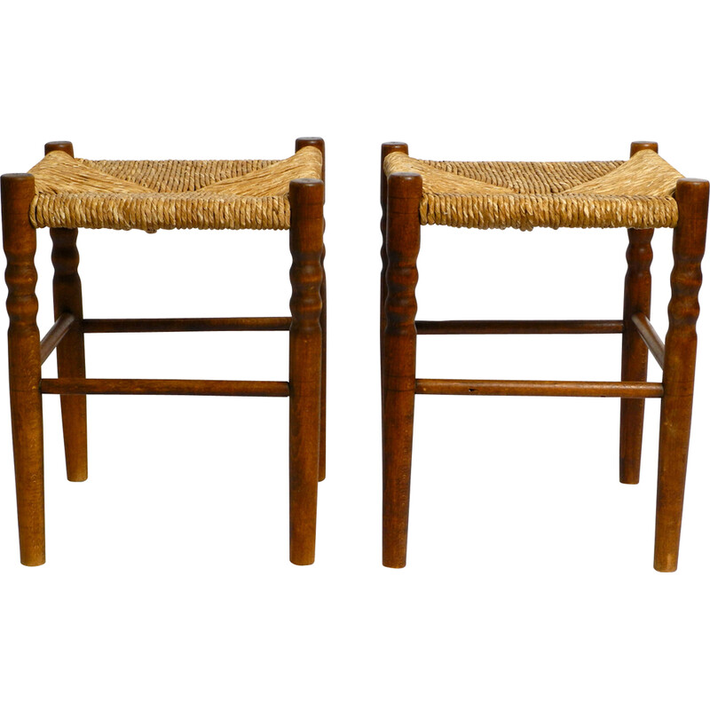 Pair of mid century oakwood stools with rush weave, 1950s