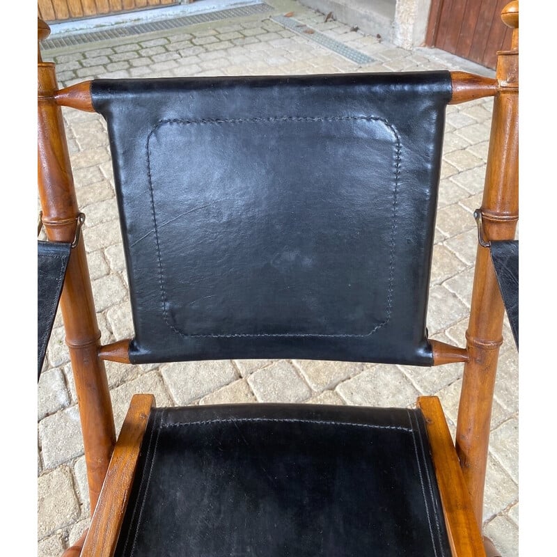 Vintage koloniale fauteuil in teak en leer