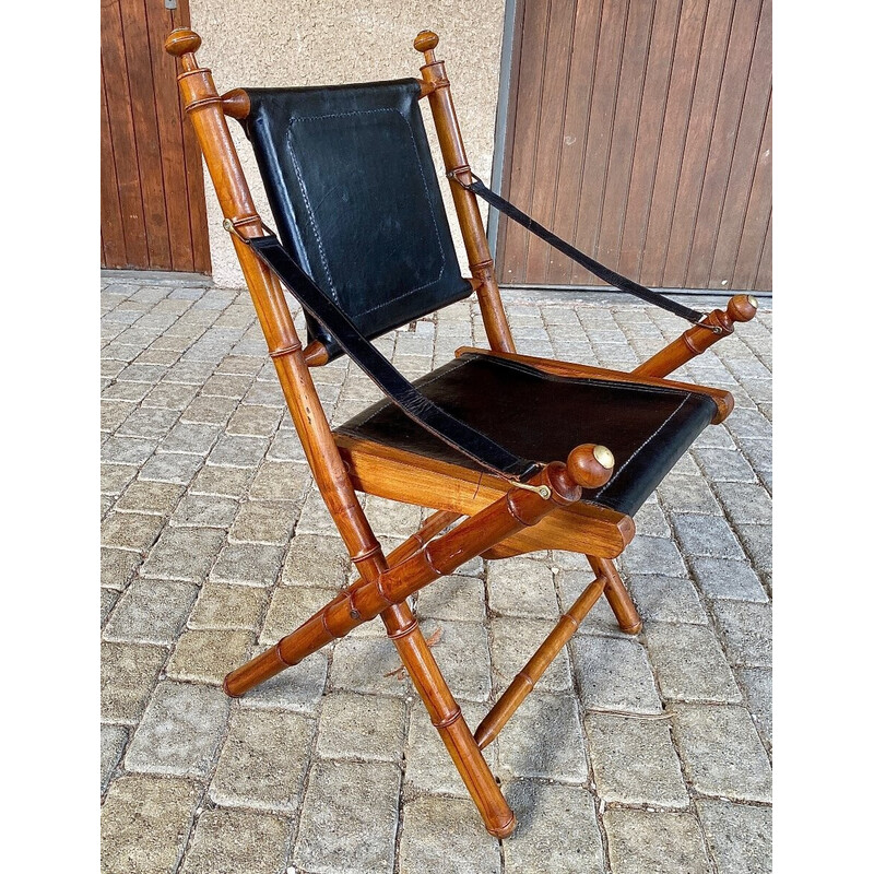 Vintage colonial armchair in teak and leather