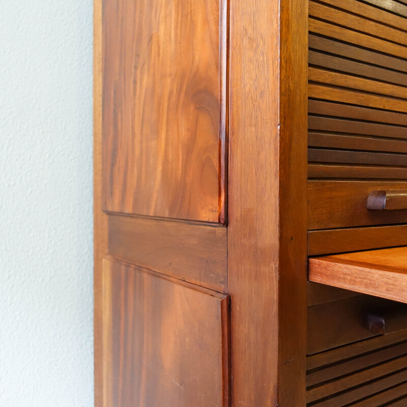 Vintage industrial Portuguese oakwood tambour door filing cabinet by Olaio, 1940s