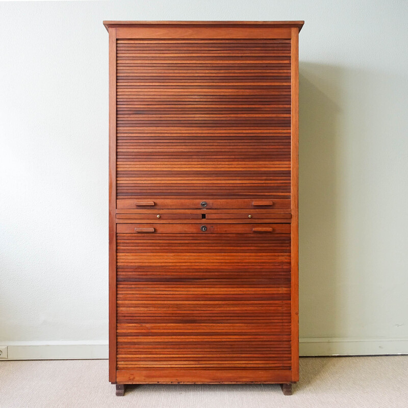 Vintage industrial Portuguese oakwood tambour door filing cabinet by Olaio, 1940s
