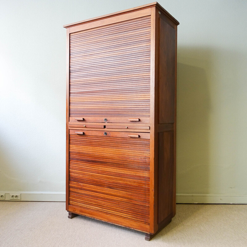 Vintage industrial Portuguese oakwood tambour door filing cabinet by Olaio, 1940s