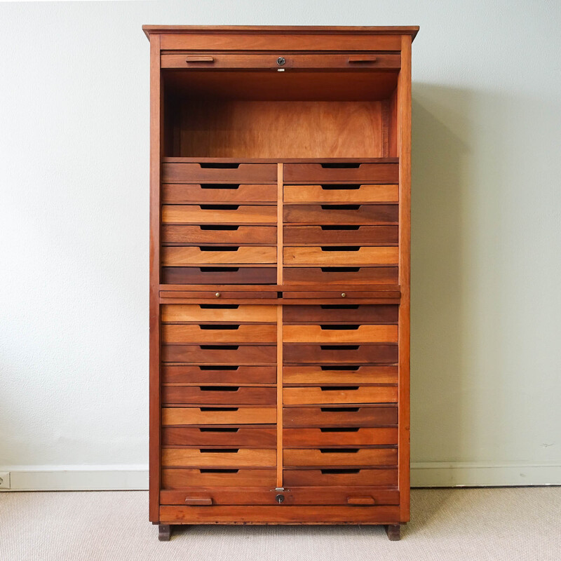 Vintage industrial Portuguese oakwood tambour door filing cabinet by Olaio, 1940s