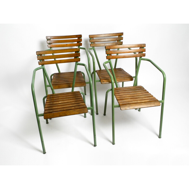 Set of 4 vintage stackable bistro armchairs in metal and wood, Italy 1950s