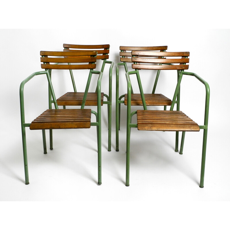 Set of 4 vintage stackable bistro armchairs in metal and wood, Italy 1950s