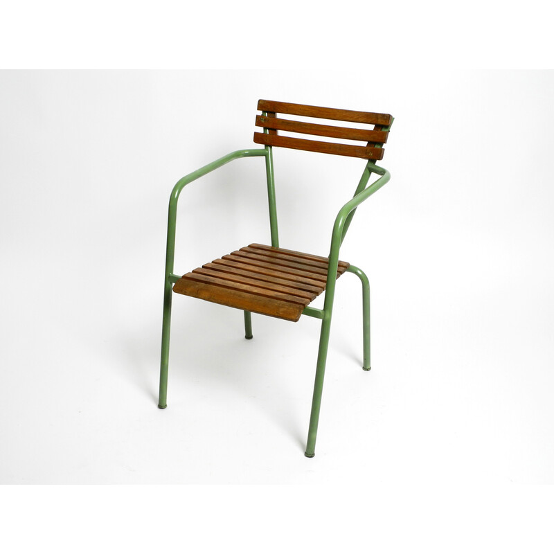 Juego de 4 sillones bistro vintage apilables en metal y madera, Italia años 50