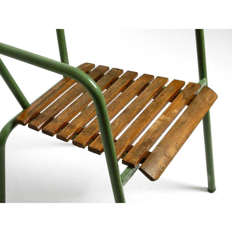 Juego de 4 sillones bistro vintage apilables en metal y madera, Italia años 50