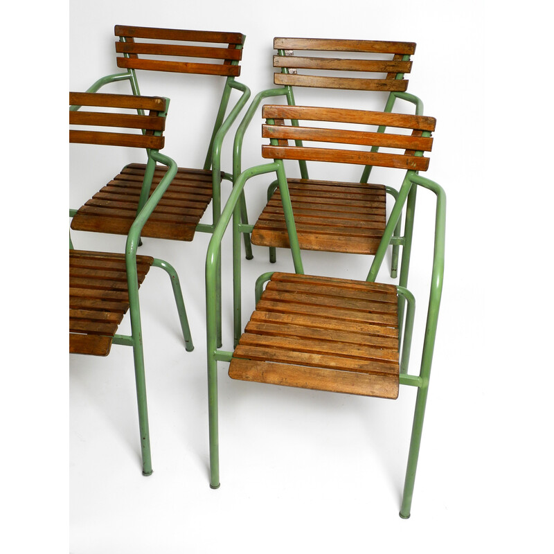 Juego de 4 sillones bistro vintage apilables en metal y madera, Italia años 50
