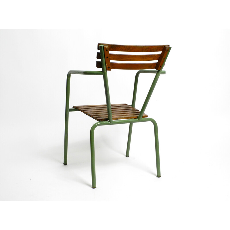 Juego de 4 sillones bistro vintage apilables en metal y madera, Italia años 50