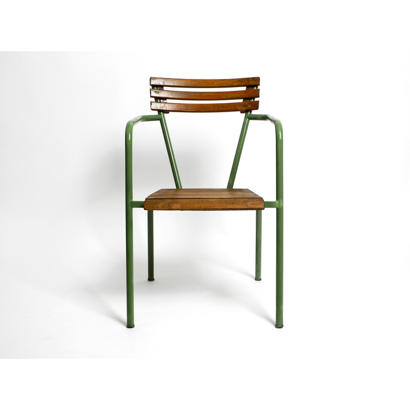 Juego de 4 sillones bistro vintage apilables en metal y madera, Italia años 50