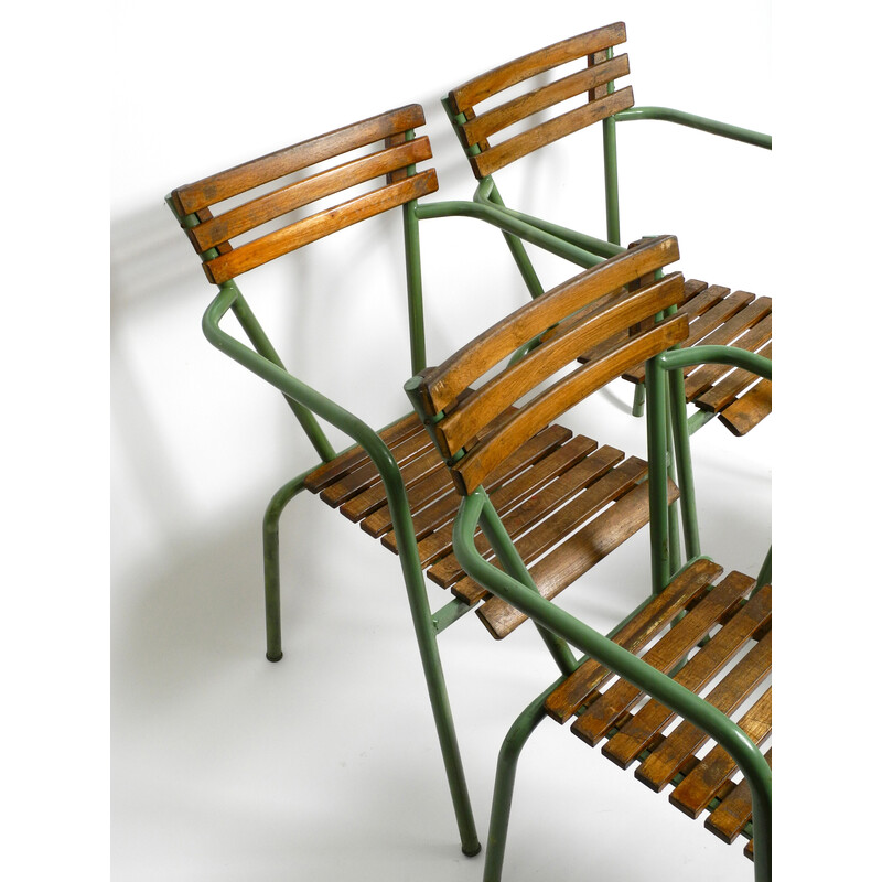 Ensemble de 4 chaises bistro vintage empilables en métal et bois, Italie 1950