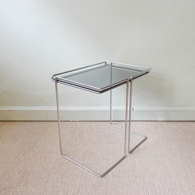 Vintage side table in chromed metal and smoked glass, France 1970s