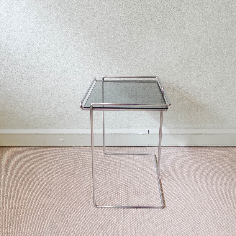 Vintage side table in chromed metal and smoked glass, France 1970s