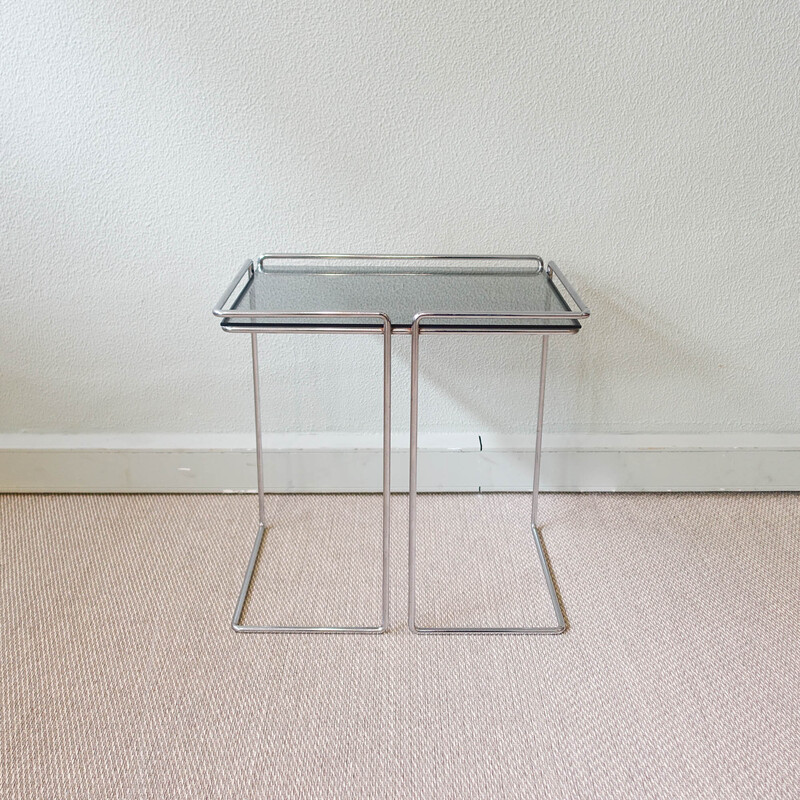 Vintage side table in chromed metal and smoked glass, France 1970s