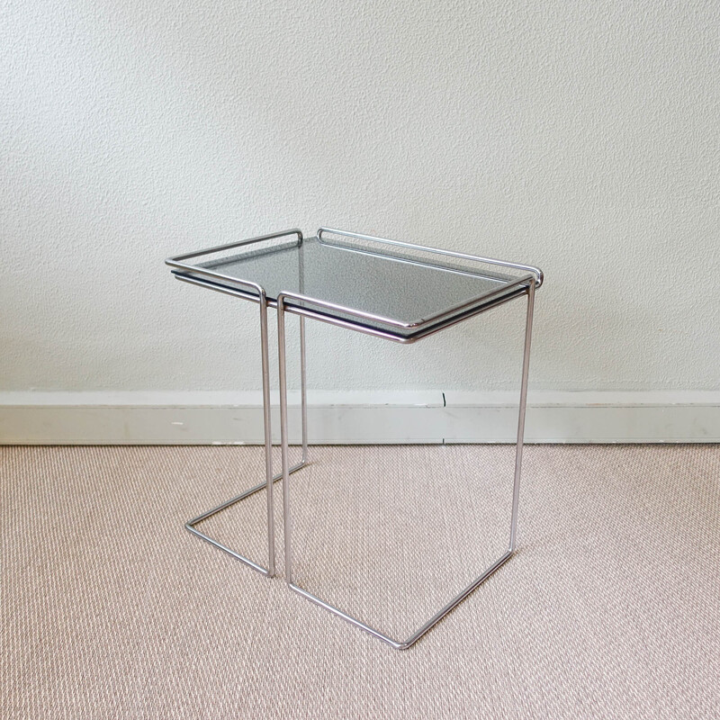 Vintage side table in chromed metal and smoked glass, France 1970s