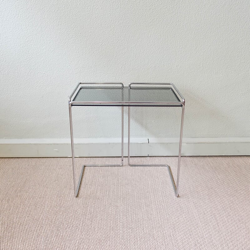 Vintage side table in chromed metal and smoked glass, France 1970s