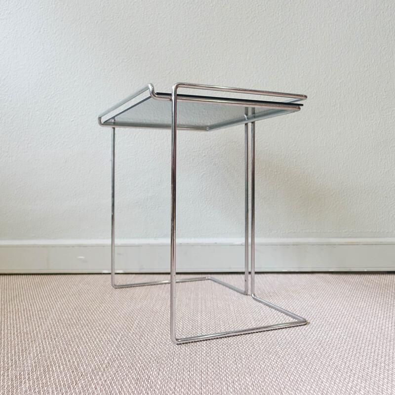 Vintage side table in chromed metal and smoked glass, France 1970s