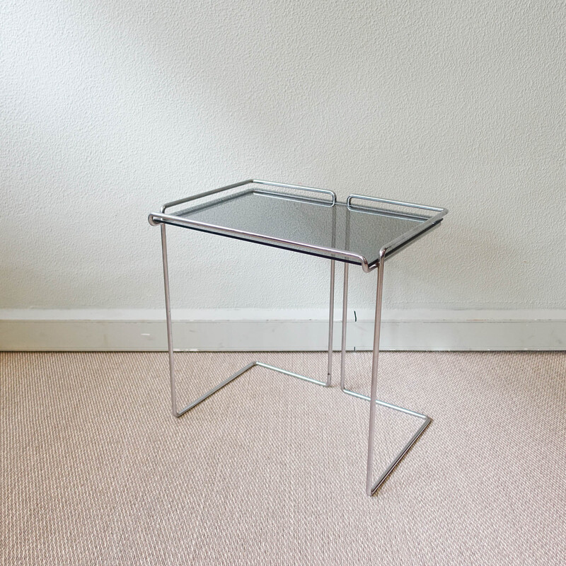 Vintage side table in chromed metal and smoked glass, France 1970s