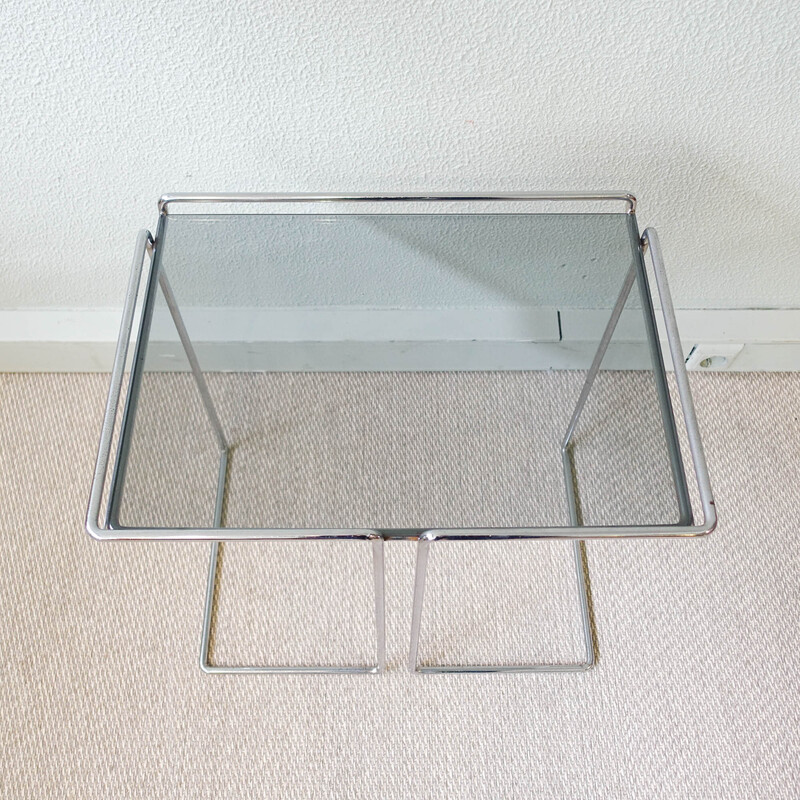 Vintage side table in chromed metal and smoked glass, France 1970s