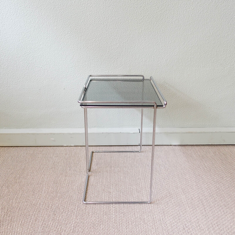 Vintage side table in chromed metal and smoked glass, France 1970s