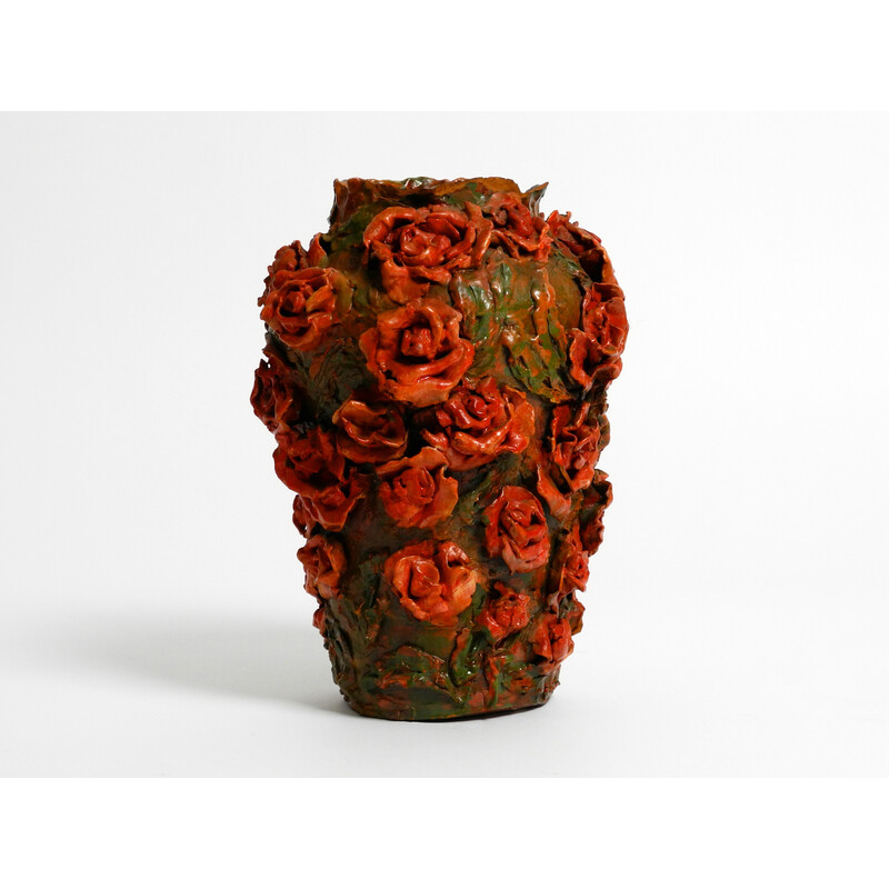 Vintage clay vase in green-brown with red roses by Rosie Fridrin Rieger June, Austria 1918